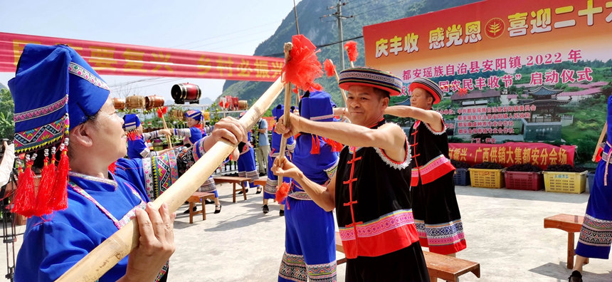 9月7日，廣西都安瑤族自治縣安陽鎮(zhèn)群眾快樂打扁擔，喜慶豐收節(jié)。高東風攝