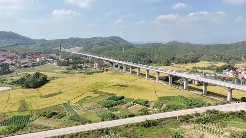 綜合檢測列車在防東鐵路上運行。秦瀚新攝