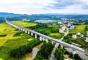 動車組列車行駛在梧州大地上，構(gòu)成一幅美麗的鄉(xiāng)村畫卷。
