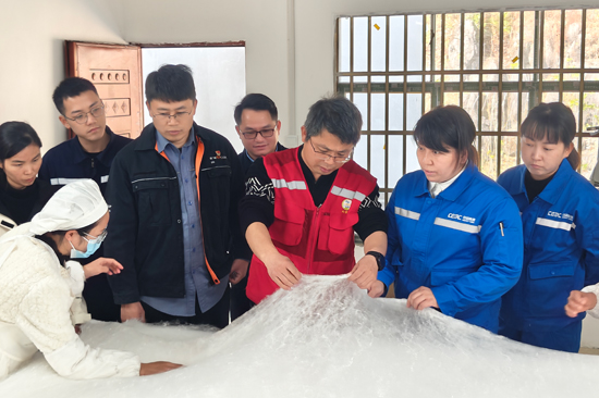 駐村第一書記劉富旺（右三）向到訪的客人們介紹蠶絲被。凌云縣委宣傳部供圖