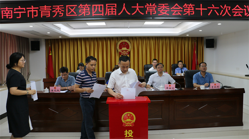 人大代表以無記名投票的方式，對城區(qū)農(nóng)村黑臭水體整治成效進行滿意度測評。青秀區(qū)人大常委會供圖