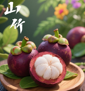 山竹山竹被稱為“水果皇后”，果實呈圓形，外皮深紫至黑色，質(zhì)地較厚且硬，剝開后可見雪白晶瑩的果肉，呈瓣狀排列，口感清甜多汁、柔滑爽口。山竹富含維生素C、膳食纖維及多種礦物質(zhì)，營養(yǎng)豐富且性涼，是夏季清熱解燥的佳品。