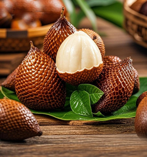 蛇皮果蛇皮果，最顯著的特征是紅褐色鱗片狀果皮，形似蛇鱗而得名，主產(chǎn)區(qū)集中在印度尼西亞和泰國。果肉呈乳白色或淡黃色，質(zhì)地脆嫩多汁，口感酸甜交織，帶有類似菠蘿和荔枝的馥郁香氣。蛇皮果富含鉀、鐵等礦物質(zhì)及維生素，具有“記憶之果”的美譽(yù)。