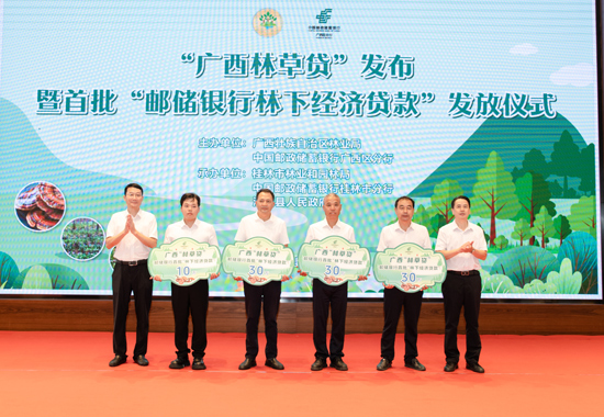 郵儲(chǔ)銀行廣西區(qū)分行與自治區(qū)林業(yè)局聯(lián)合舉辦的“廣西林草貸”發(fā)布暨首批“林下經(jīng)濟(jì)貸款”發(fā)放儀式。郵儲(chǔ)銀行廣西區(qū)分行供圖