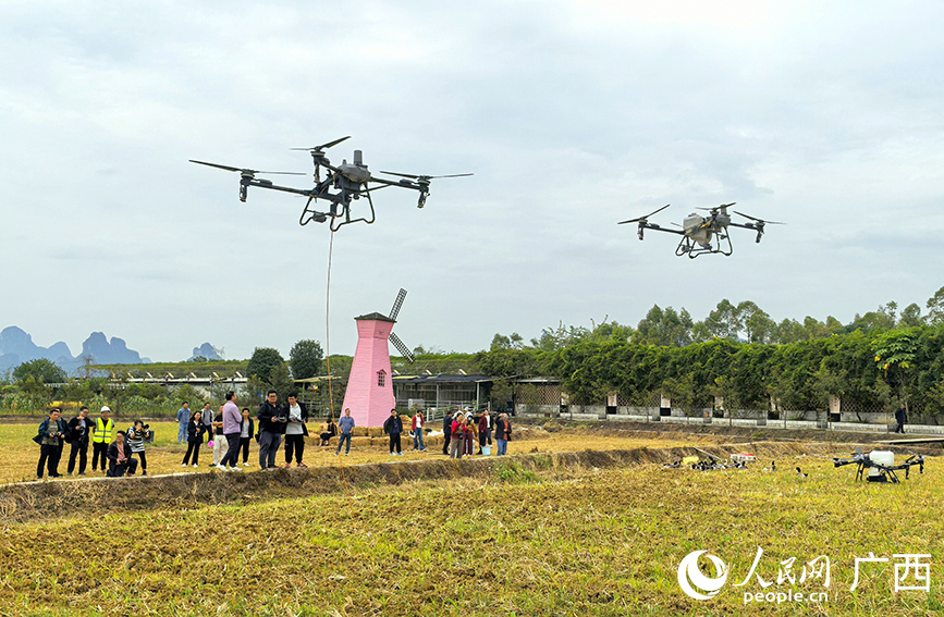 農(nóng)用無人機工作演示。人民網(wǎng) 付華周攝